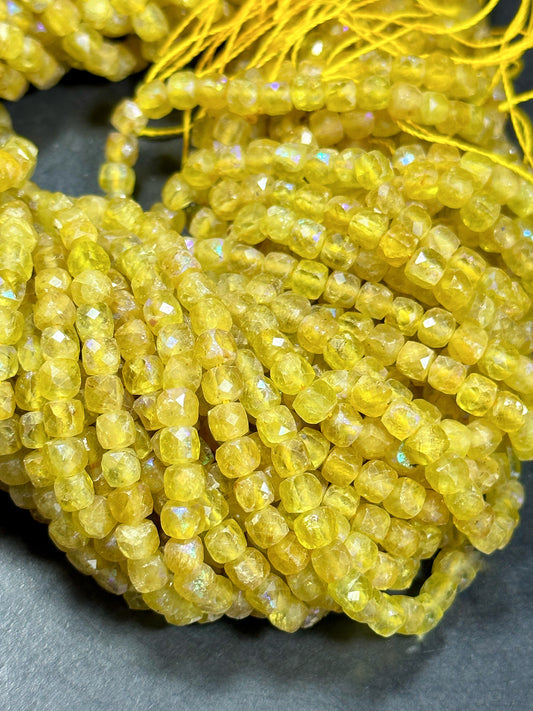 Mystic Natural Yellow Apatite Gemstone Bead Faceted 4mm Cube Shape Bead, Beautiful Yellow Color Loose Mystic Apatite Beads Full Strand 15.5"