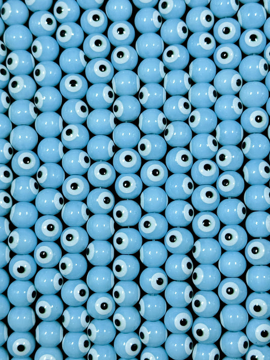 Beautiful Light Blue Evil Eye Glass Beads 6mm 8mm Round Beads, Beautiful Light Blue Evil Eye Amulet Glass Beads, Full Strand Glass Beads