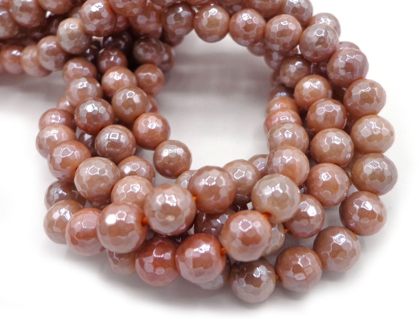 NATURAL Peach Moonstone Gemstone Beads Faceted 6mm 8mm 10mm 12mm Round Beads Silverite AB Coated, Full Strand 15.5"