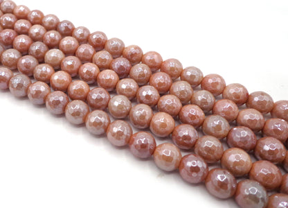 NATURAL Peach Moonstone Gemstone Beads Faceted 6mm 8mm 10mm 12mm Round Beads Silverite AB Coated, Full Strand 15.5"
