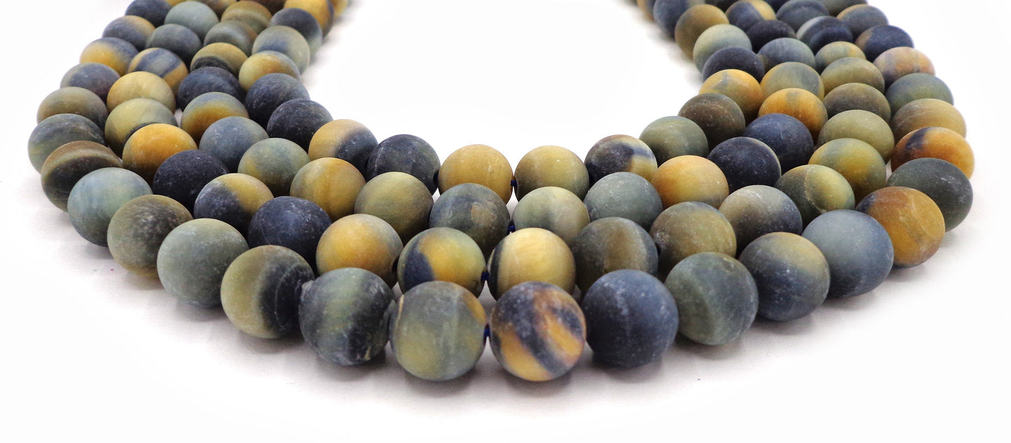 Natural Matte Tiger Eye Gemstone Bead 4mm 6mm 8mm 10mm 12mm Round Beads, Matte Golden Blue Color Tiger Eye Beads Full Strand 15.5"
