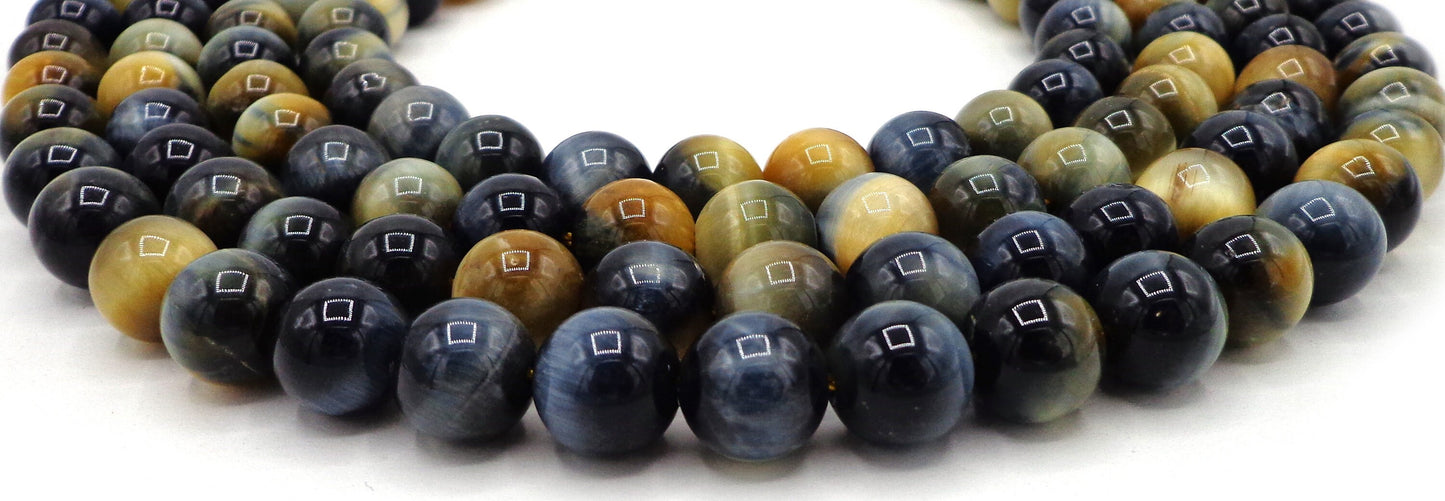 NATURAL Yellow Blue Tiger Eye Gemstone Beads, Smooth Round 4mm 6mm 8mm 10mm 12mm , Full Strand 16” Not treated in anyway! AAA Quality!