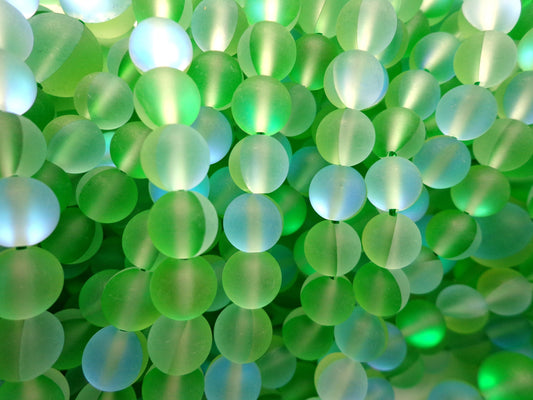Mermaid Glass Beads 6mm 8mm 10mm 12mm Round Beads, Beautiful Rainbow Matte Green Mermaid Glass Beads, Full Strand 15.5"