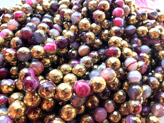 Natural Gemstone Golden Coated Pink Agate beads 8,10,12mm beads, Full length 15.5 inches, Faceted Round Shape, Great for JEWELRY making!