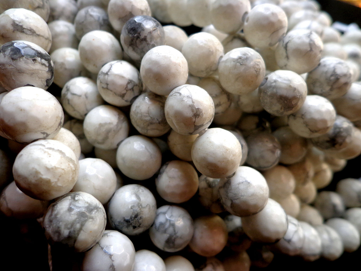 LARGE-HOLE beads!!! 8,10,12mm Faceted-finished round. 2mm hole. 8" strands. Natural White Howlite Big Hole Beads