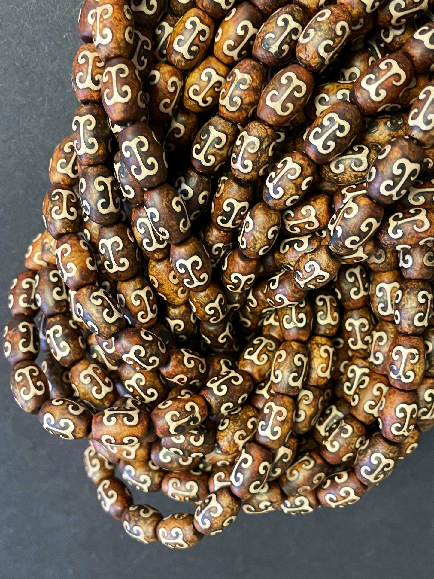 Natural Tibetan Gemstone Bead 10x13mm Tube Shape Bead, Brown Hand Painted Tibetan Gemstone Bead 15.5"