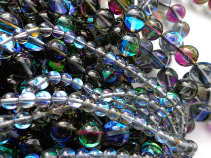 Mermaid Glass Beads 6mm 8mm 10mm 12mm Round Beads, Beautiful Rainbow Gloss Black Mermaid Glass Beads, Full Strand 15.5"