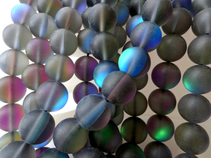 Mermaid Glass Beads 6mm 8mm 10mm 12mm Round Beads, Beautiful Matte Rainbow Black Mermaid Glass Beads, Full Strand 15.5"