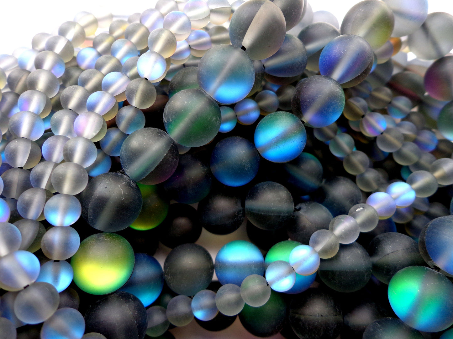 Mermaid Glass Beads 6mm 8mm 10mm 12mm Round Beads, Beautiful Matte Rainbow Black Mermaid Glass Beads, Full Strand 15.5"