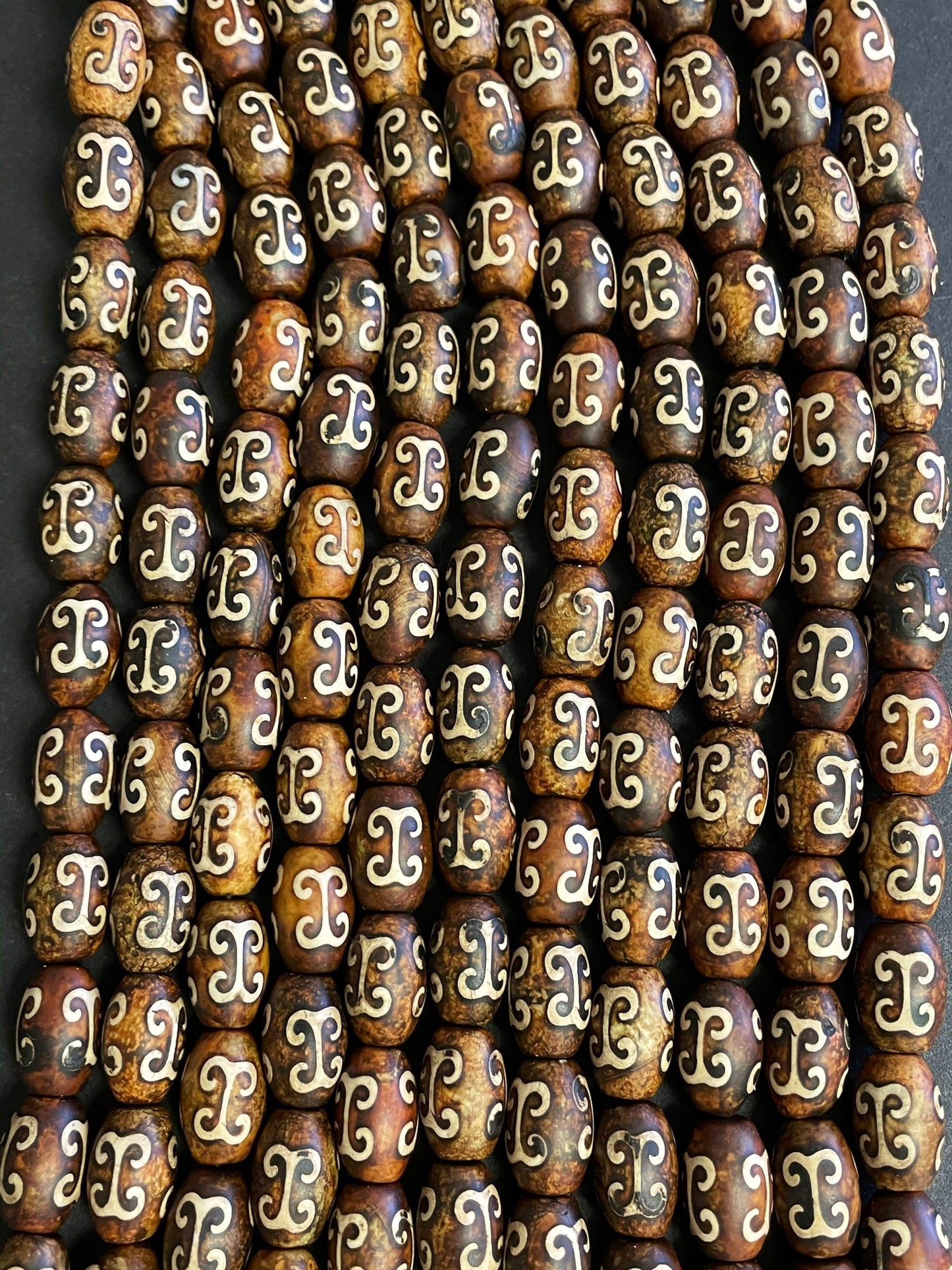 Natural Tibetan Gemstone Bead 10x13mm Tube Shape Bead, Brown Hand Painted Tibetan Gemstone Bead 15.5"