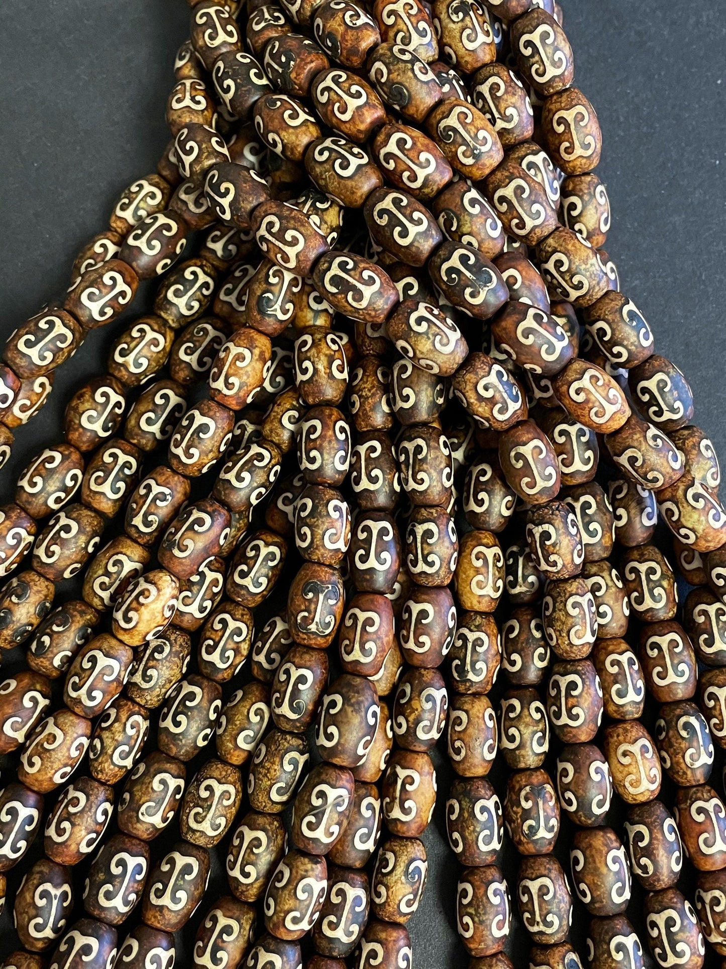 Natural Tibetan Gemstone Bead 10x13mm Tube Shape Bead, Brown Hand Painted Tibetan Gemstone Bead 15.5"