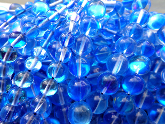 Mermaid Glass Beads 6mm 8mm 10mm 12mm Round Beads, Beautiful Rainbow Glossy Blue Mermaid Glass Beads, Full Strand 15.5"