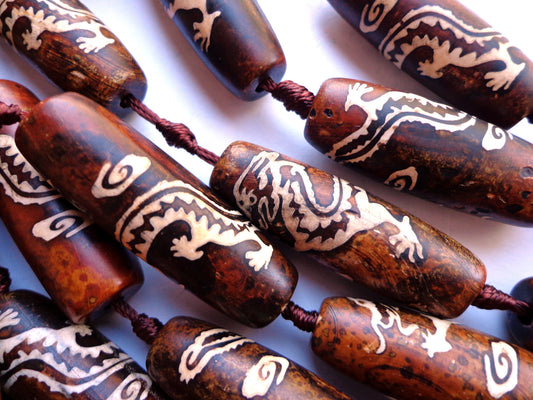 AAA Natural Tibetan Agate Gemstone Beads, 14x39mm, White Dragon Design, Tube/Barrel Shape Beads, Beautiful Brown Beads, Great Quality Beads! Full length 15.5"