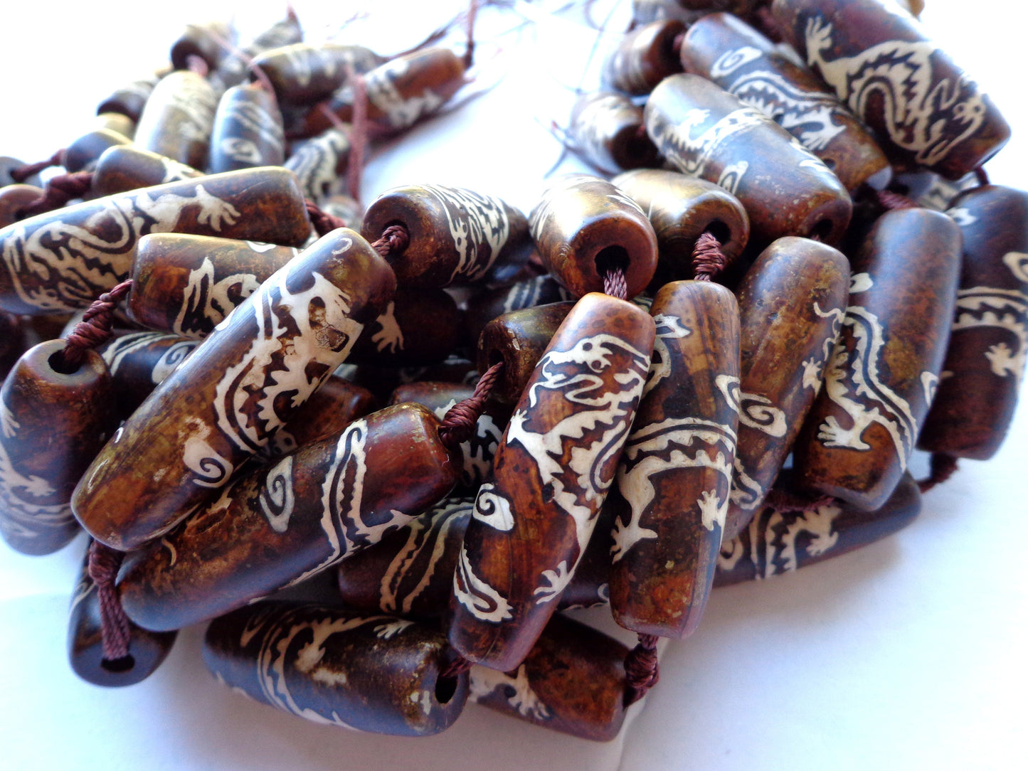 AAA Natural Tibetan Agate Gemstone Beads, 14x39mm, White Dragon Design, Tube/Barrel Shape Beads, Beautiful Brown Beads, Great Quality Beads! Full length 15.5"