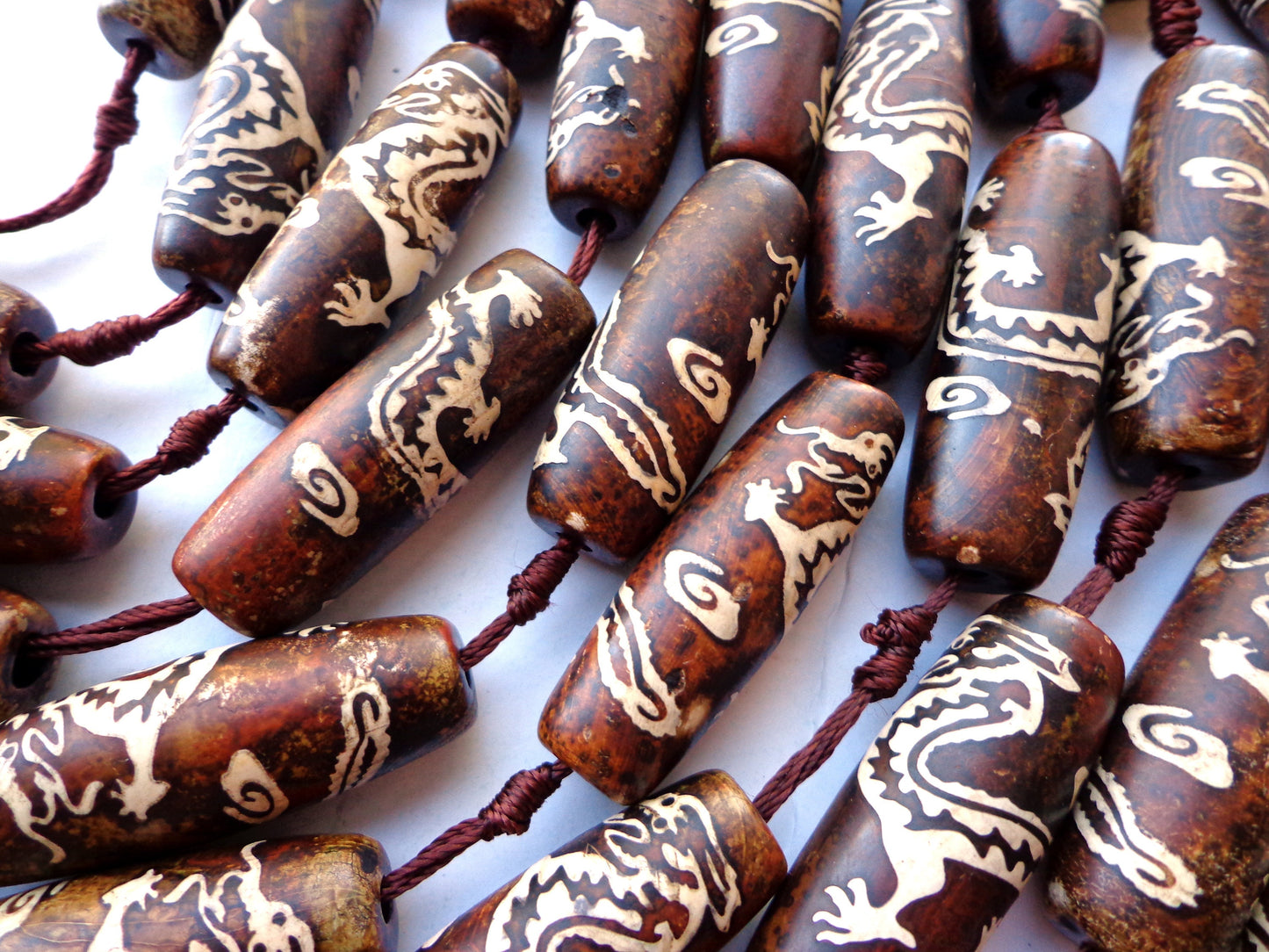 AAA Natural Tibetan Agate Gemstone Beads, 14x39mm, White Dragon Design, Tube/Barrel Shape Beads, Beautiful Brown Beads, Great Quality Beads! Full length 15.5"