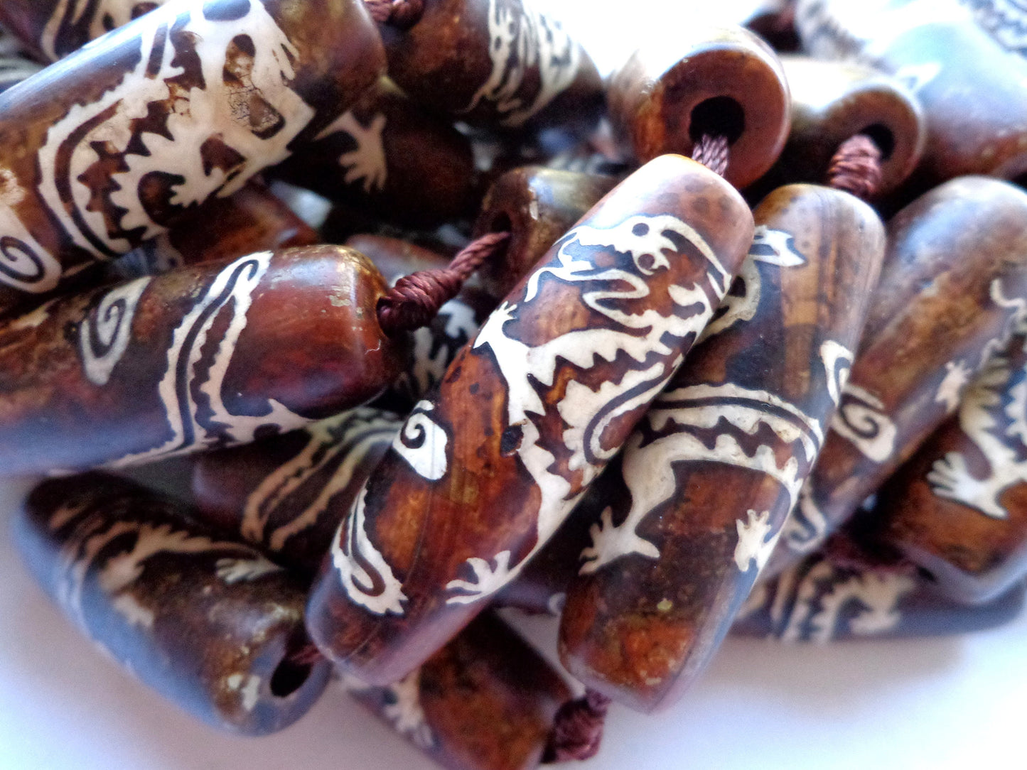 AAA Natural Tibetan Agate Gemstone Beads, 14x39mm, White Dragon Design, Tube/Barrel Shape Beads, Beautiful Brown Beads, Great Quality Beads! Full length 15.5"