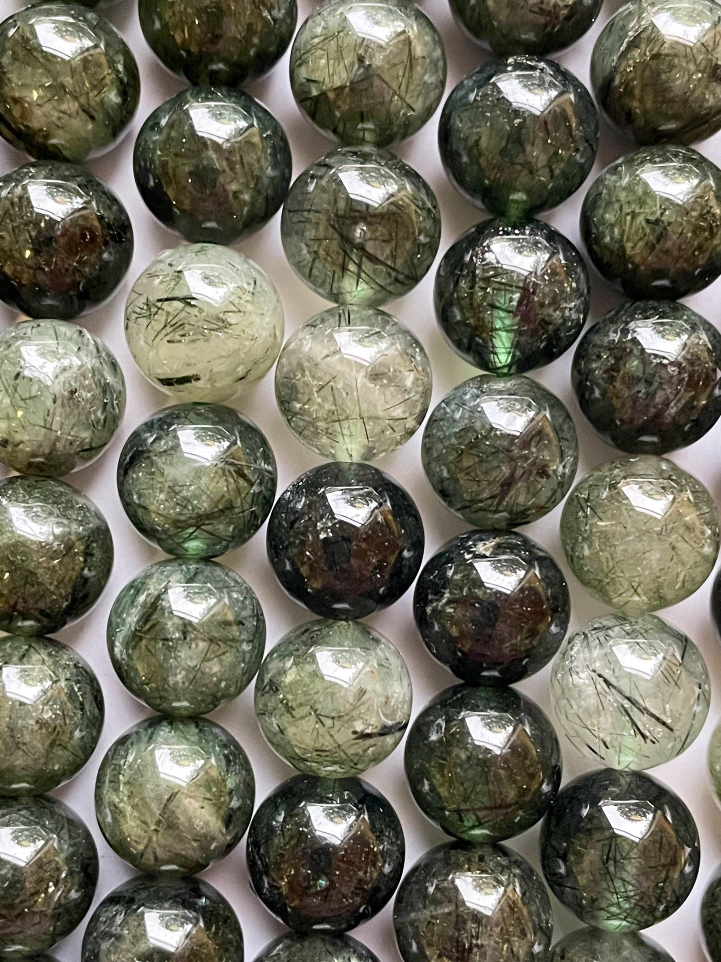 Natural Green Rutilated Quartz Gemstone Bead 4mm 6mm 8mm 10mm 12mm Round Beads, Gorgeous Green Color w/ Black Hairs Quartz Bead