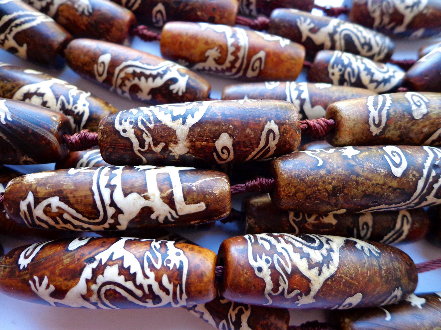 AAA Natural Tibetan Agate Gemstone Beads, 14x39mm, White Dragon Design, Tube/Barrel Shape Beads, Beautiful Brown Beads, Great Quality Beads! Full length 15.5"