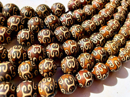 NATURAL Gemstone Tibetan Beads Hand Painted Agate 12mm Round Brown Beads