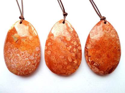 AAA Natural Red Fossil Coral Gemstone Pendant, 53x33mm Teardrop Shape Gemstone Pendant, Beautiful Red Orange Color Fossil Coral Pendant