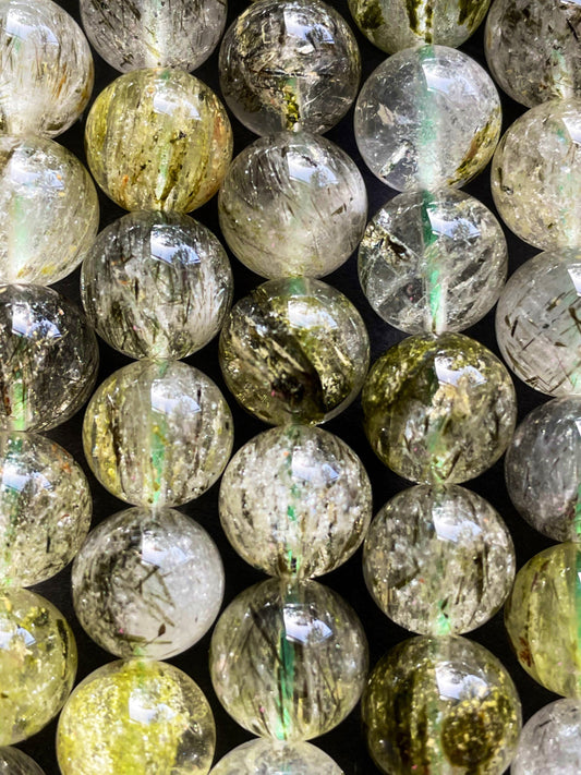 AAA Natural Green Tourmaline Rutilated Quartz Gemstone Bead 6mm 8mm 10mm Round Bead, Gorgeous Green with Black Rutilated Hairs Tourmaline Quartz Bead Excellent Quality