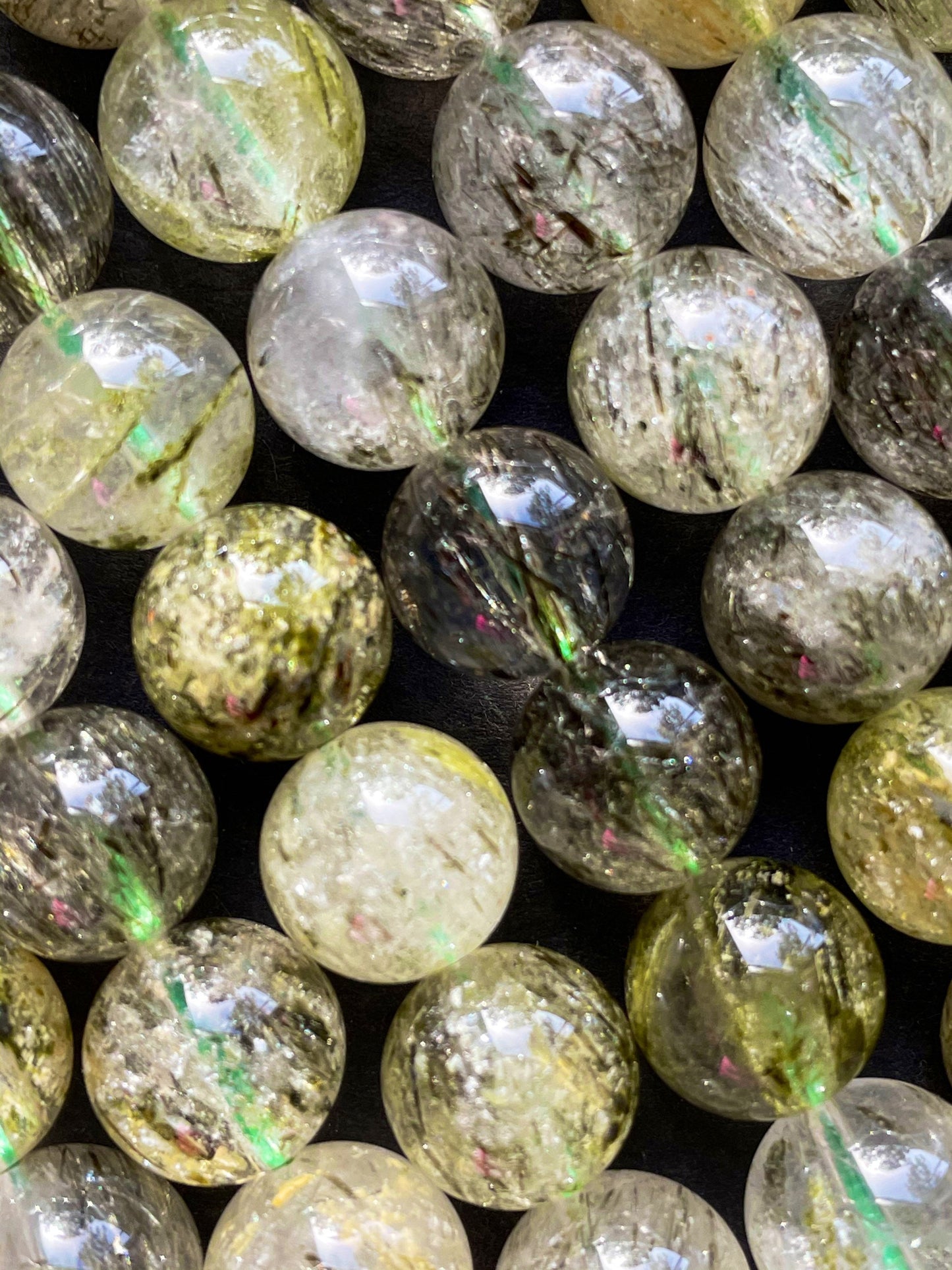 AAA Natural Green Tourmaline Rutilated Quartz Gemstone Bead 6mm 8mm 10mm Round Bead, Gorgeous Green with Black Rutilated Hairs Tourmaline Quartz Bead Excellent Quality