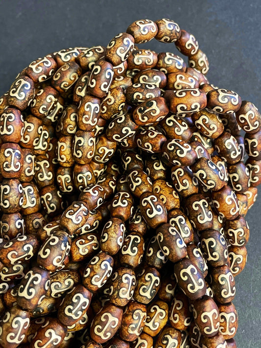 Natural Tibetan Gemstone Bead 10x13mm Tube Shape Bead, Brown Hand Painted Tibetan Gemstone Bead 15.5"