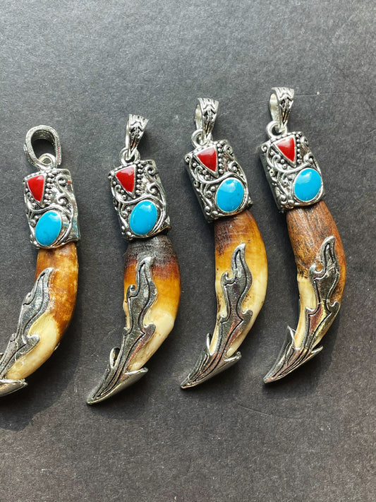 Beautiful Wolf Teeth Pendant 10x45mm Teeth Shape Pendant, Gorgeous Brown Color with Red Blue Beads, Silver Plated Teeth Pendant