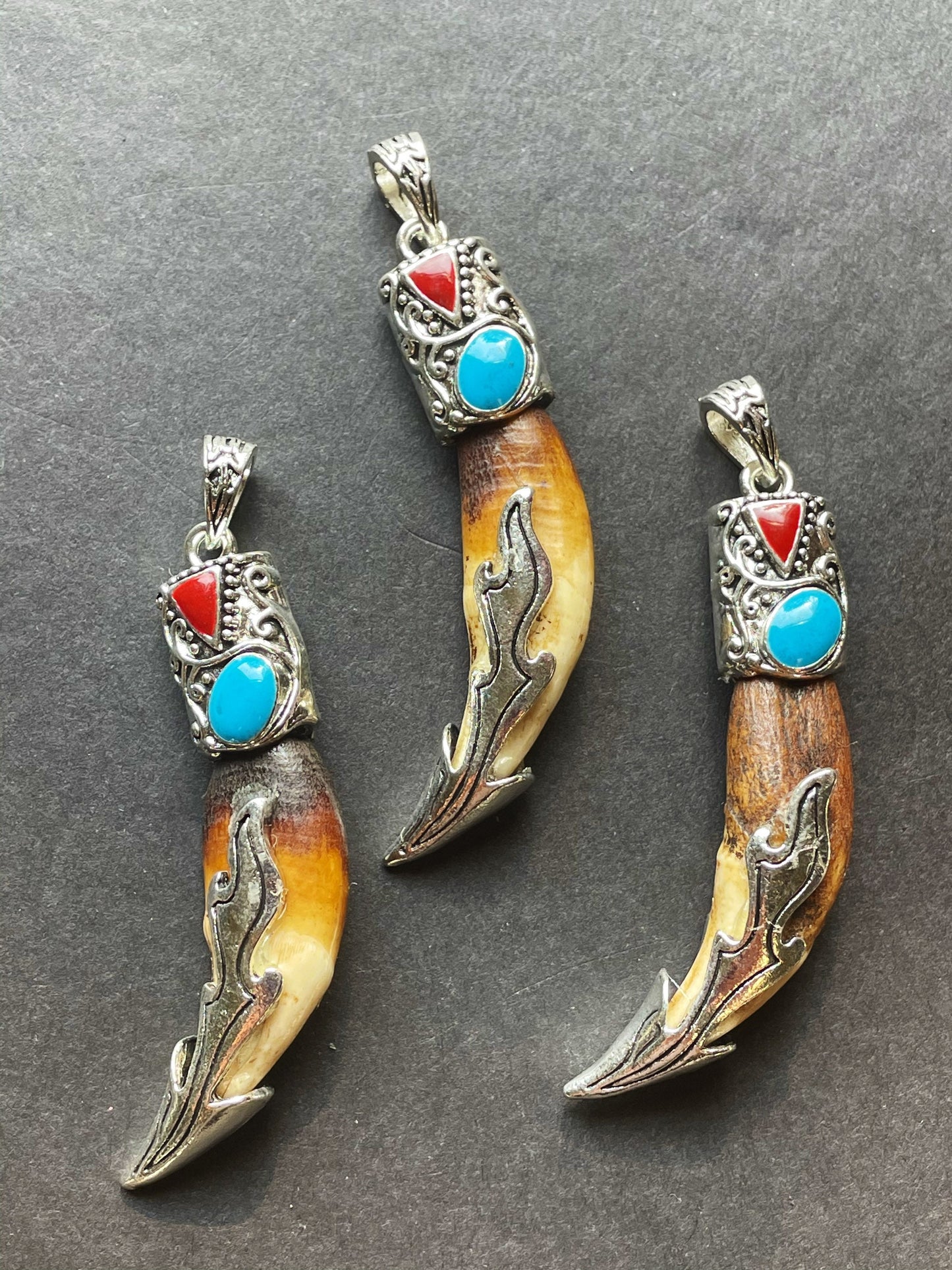 Beautiful Wolf Teeth Pendant 10x45mm Teeth Shape Pendant, Gorgeous Brown Color with Red Blue Beads, Silver Plated Teeth Pendant