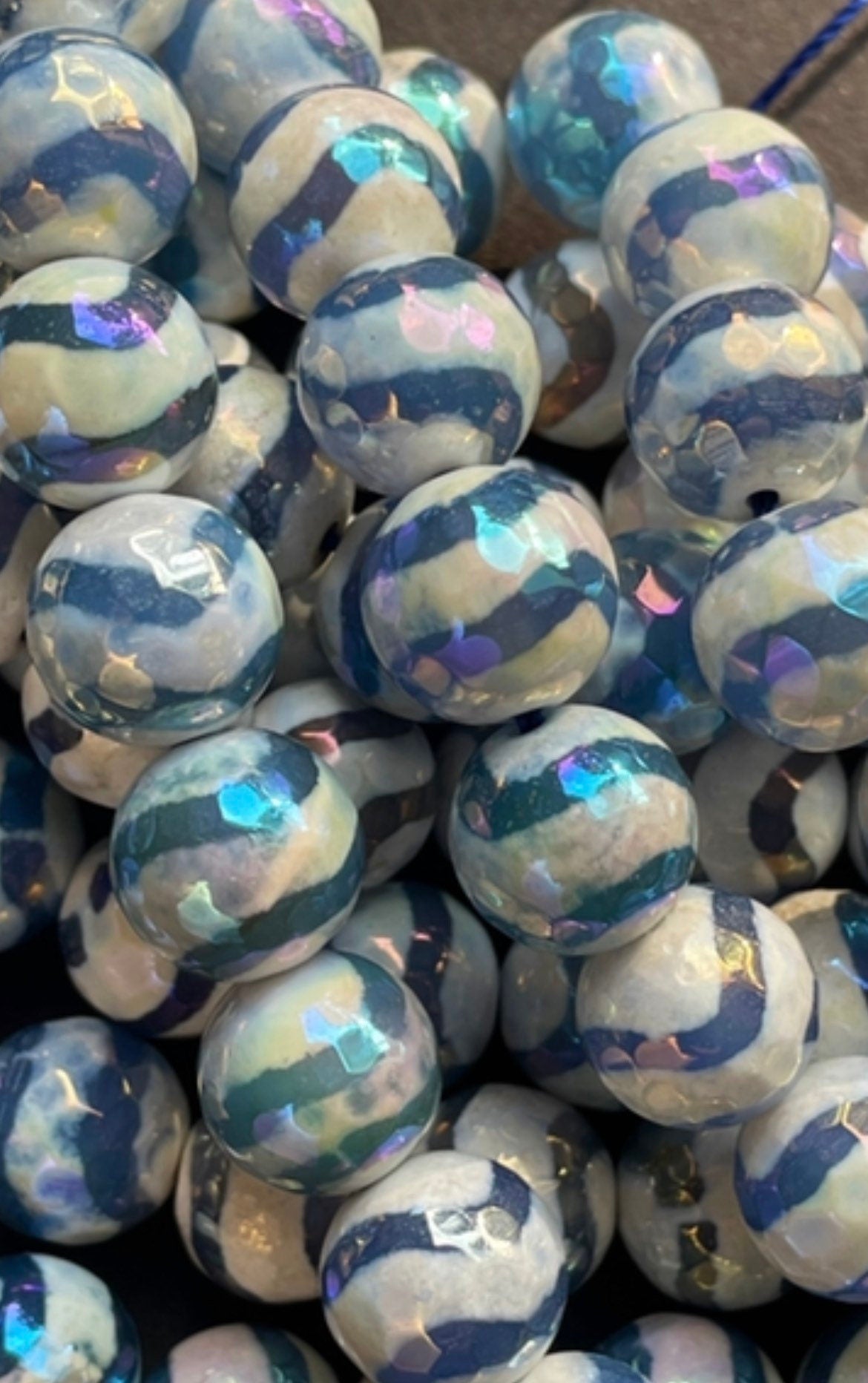 Mystic Natural Tibetan Hand Painted Stone Bead Faceted Round Beads, Gorgeous Aqua Blue Mystic Tibetan Gemstone 15.5" Strand