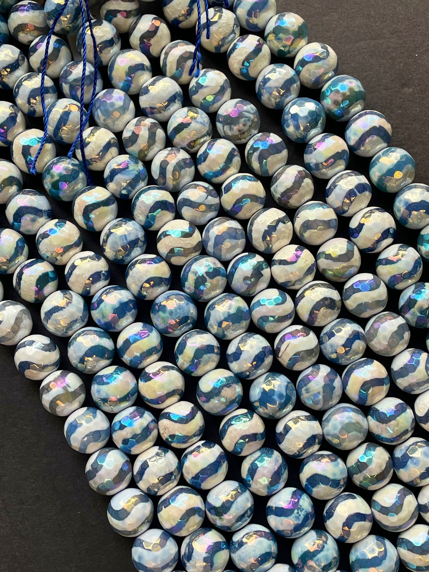 Mystic Natural Tibetan Hand Painted Stone Bead Faceted Round Beads, Gorgeous Aqua Blue Mystic Tibetan Gemstone 15.5" Strand