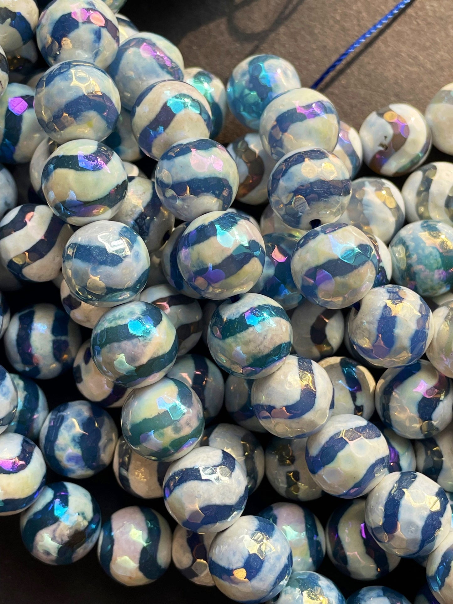 Mystic Natural Tibetan Hand Painted Stone Bead Faceted Round Beads, Gorgeous Aqua Blue Mystic Tibetan Gemstone 15.5" Strand