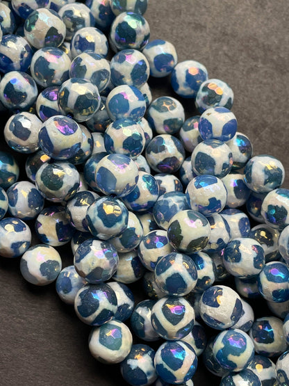 Mystic Hand Painted Tibetan Gemstone Bead Faceted 8mm 10mm 12mm Round Bead, Gorgeous Blue White Color Hand Painted Tibetan Beads