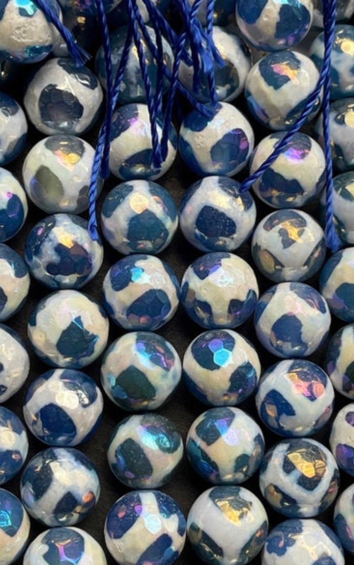 Mystic Hand Painted Tibetan Gemstone Bead Faceted 8mm 10mm 12mm Round Bead, Gorgeous Blue White Color Hand Painted Tibetan Beads
