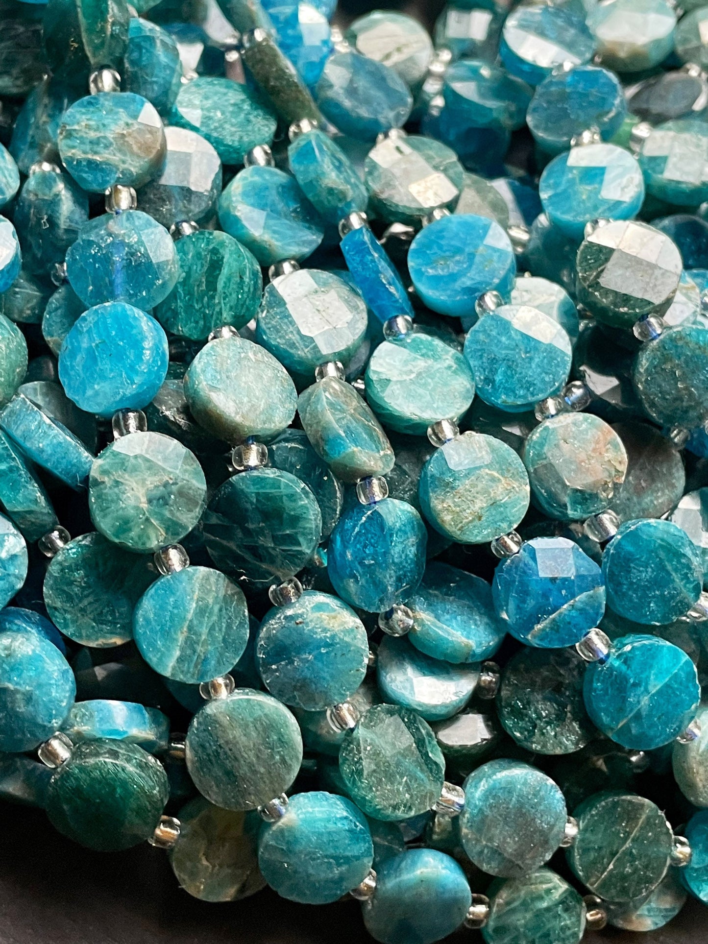 AAA Natural Apatite Gemstone Bead Faceted 10mm Coin Shape Bead, Natural Blue Color Apatite Stone Bead, Full Strand 15.5"