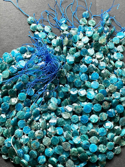 AAA Natural Apatite Gemstone Bead Faceted 10mm Coin Shape Bead, Natural Blue Color Apatite Stone Bead, Full Strand 15.5"