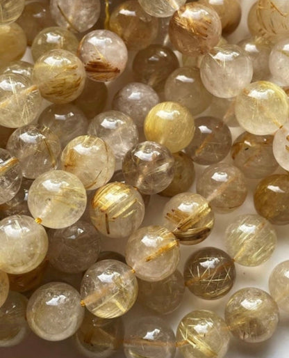 AA Natural Gold Rutilated Quartz Gemstone Bead 4mm 6mm 8mm 10mm Round Bead, Gorgeous Natural Clear Golden Color with Golden Hairs Full Strand 15.5"