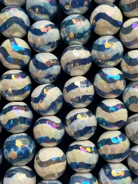 Mystic Natural Tibetan Hand Painted Stone Bead Faceted Round Beads, Gorgeous Aqua Blue Mystic Tibetan Gemstone 15.5" Strand