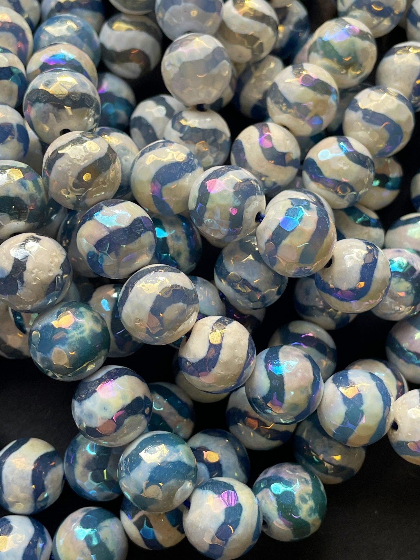 Mystic Natural Tibetan Hand Painted Stone Bead Faceted Round Beads, Gorgeous Aqua Blue Mystic Tibetan Gemstone 15.5" Strand