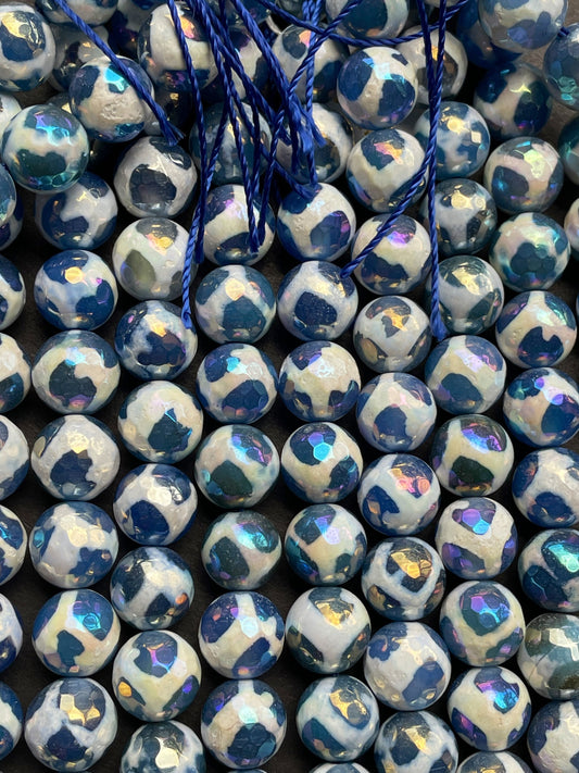 Mystic Hand Painted Tibetan Gemstone Bead Faceted 8mm 10mm 12mm Round Bead, Gorgeous Blue White Color Hand Painted Tibetan Beads