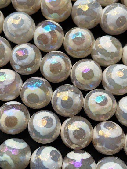Mystic Natural Hand Painted Tibetan Gemstone Bead Faceted 6mm 8mm 10mm 12mm Round Bead, Gorgeous White Color Mystic Tibetan Gemstone Bead