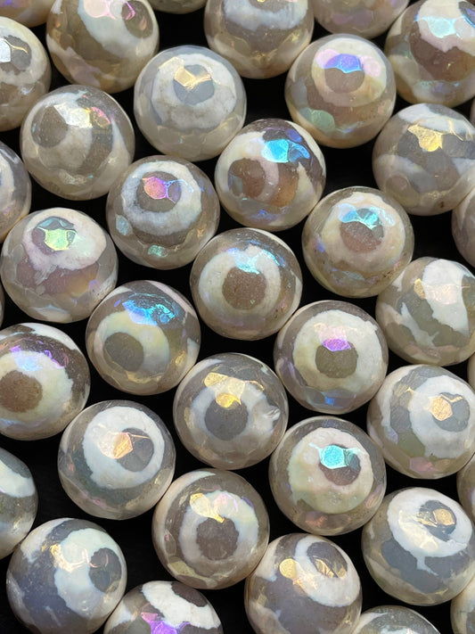 Mystic Natural Hand Painted Tibetan Gemstone Bead Faceted 6mm 8mm 10mm 12mm Round Bead, Gorgeous White Color Mystic Tibetan Gemstone Bead