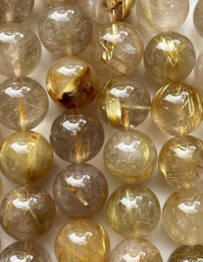AA Natural Gold Rutilated Quartz Gemstone Bead 4mm 6mm 8mm 10mm Round Bead, Gorgeous Natural Clear Golden Color with Golden Hairs Full Strand 15.5"