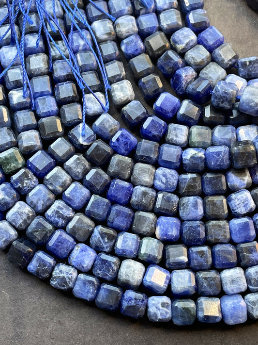 AAA Natural Sodalite Gemstone Bead Faceted 8mm Cube Shape, Beautiful Natural Blue Color Sodalite Gemstone Bead 15.5"