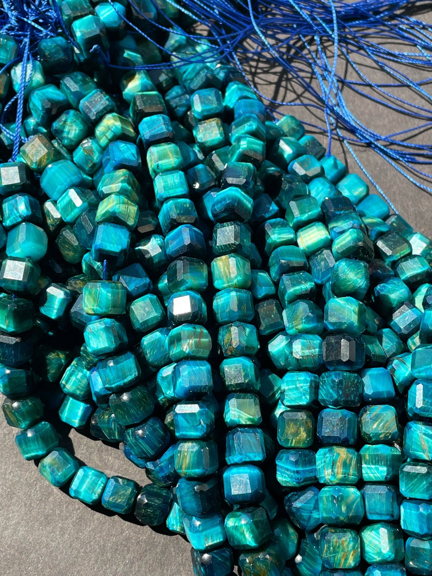 AAA Natural Tiger Eye Gemstone Bead Faceted 8mm Cube Shape, Gorgeous Turquoise Blue Color Tiger Eye Gemstone, Great Quality 15.5"