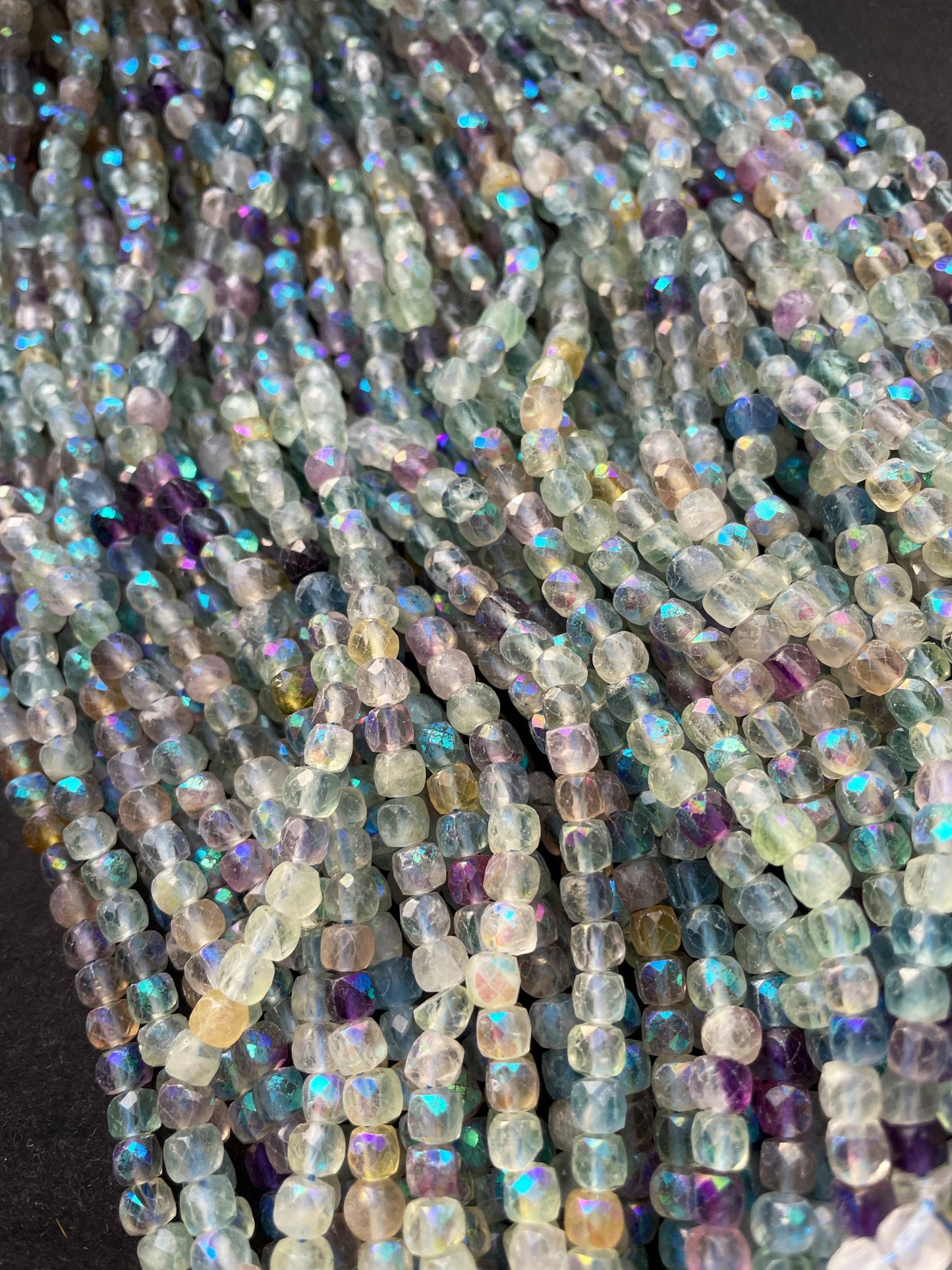 AAA Mystic Natural Fluorite Gemstone Bead Faceted 4mm Cube Shape, Gorgeous Natural Multicolor Purple Green Yellow Fluorite
