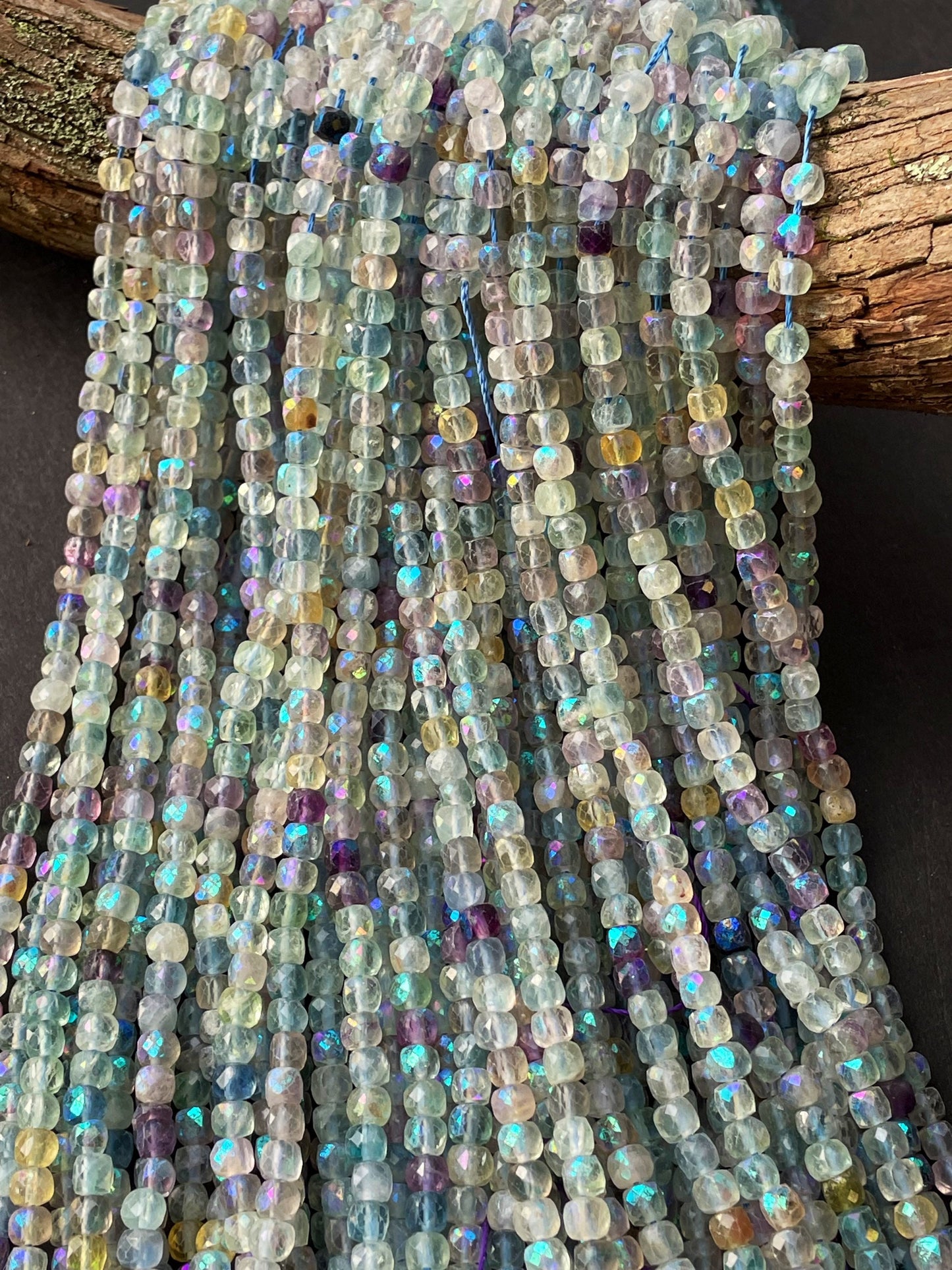 AAA Mystic Natural Fluorite Gemstone Bead Faceted 4mm Cube Shape, Gorgeous Natural Multicolor Purple Green Yellow Fluorite