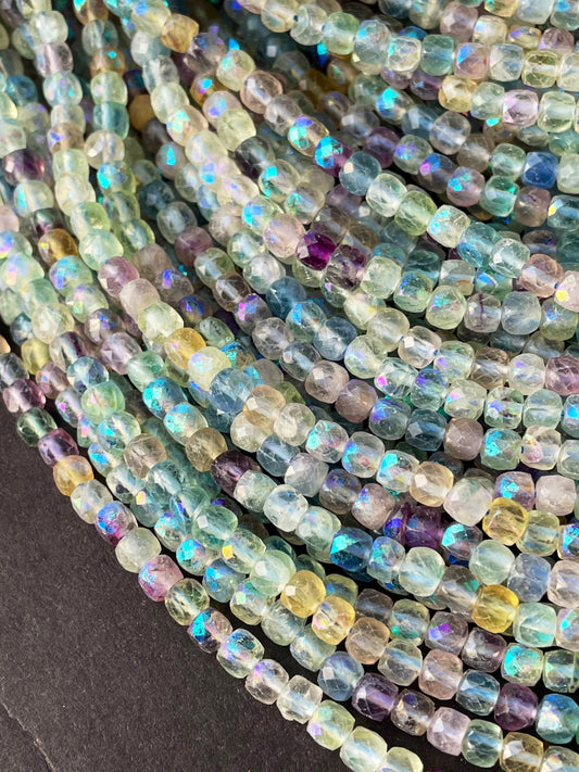 AAA Mystic Natural Fluorite Gemstone Bead Faceted 4mm Cube Shape, Gorgeous Natural Multicolor Purple Green Yellow Fluorite