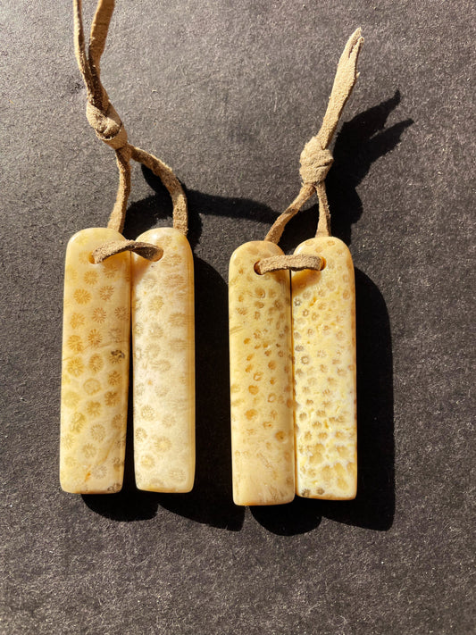 AAA Natural Fossil Coral Stone Earrings 12x50mm Rectangle Shape, Beautiful Natural Beige Color Earrings