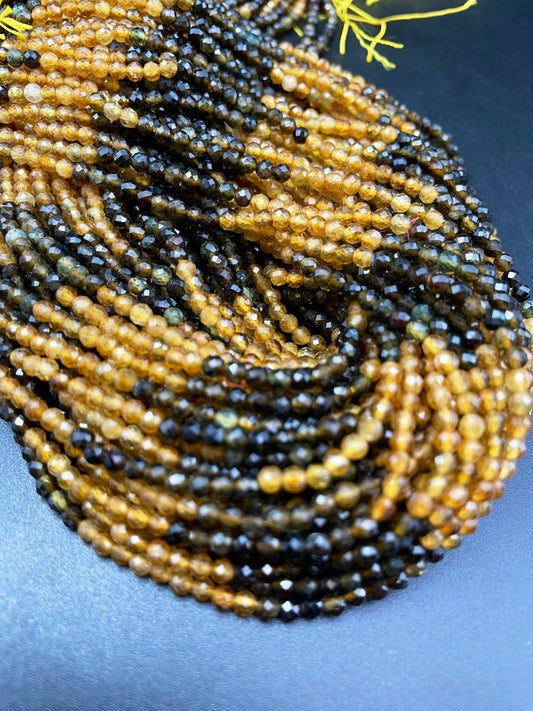 AAA Black Yellow Tourmaline Gemstone Bead Faceted 3mm 4mm Round Bead, Gorgeous Black Yellow Color Tourmaline Gemstone Beads